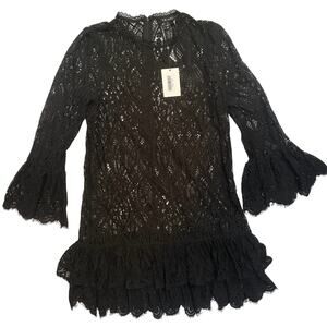 Tribal Black Lace Mini Dress Size Small Petite Bell Sleeve NWT
